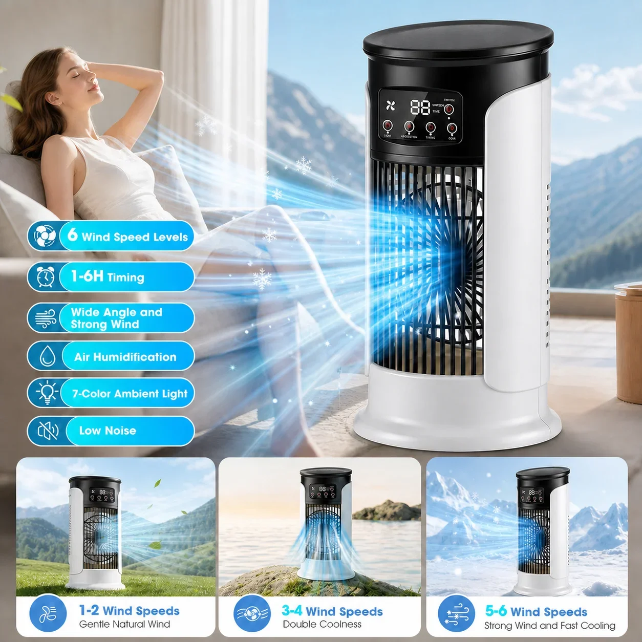 

Portable Air Conditioner Fan 6 Speeds Misting Humidifier USB Desktop Cooler LED Display Timer Home Office Personal Summer