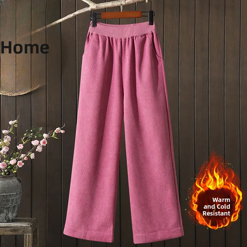 سروال قصير نسائي شتوي Thiened Fce عادية عالية الخصر مستقيم الساق بنطلون أحمر متعدد الاستخدامات Age-defng مرونة الخصر