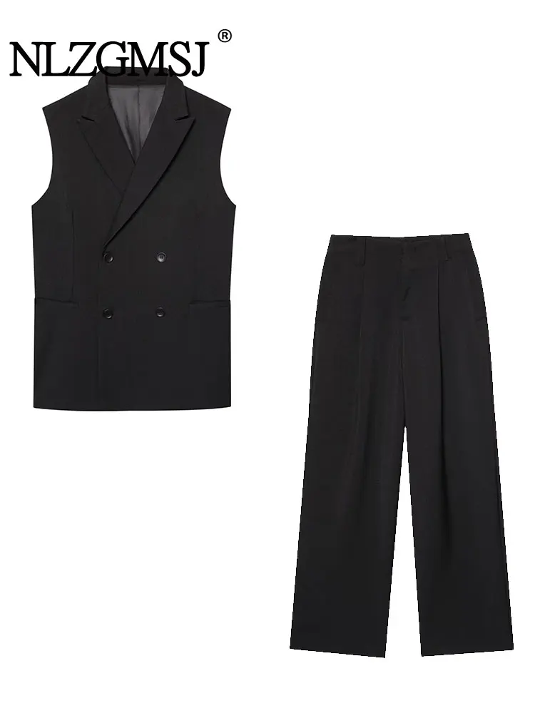 

2025 Summer Vintage Casual Chic Women Suit Solid V-Neck Double-breasted Blazer Long Straight Pants Fashion Suits