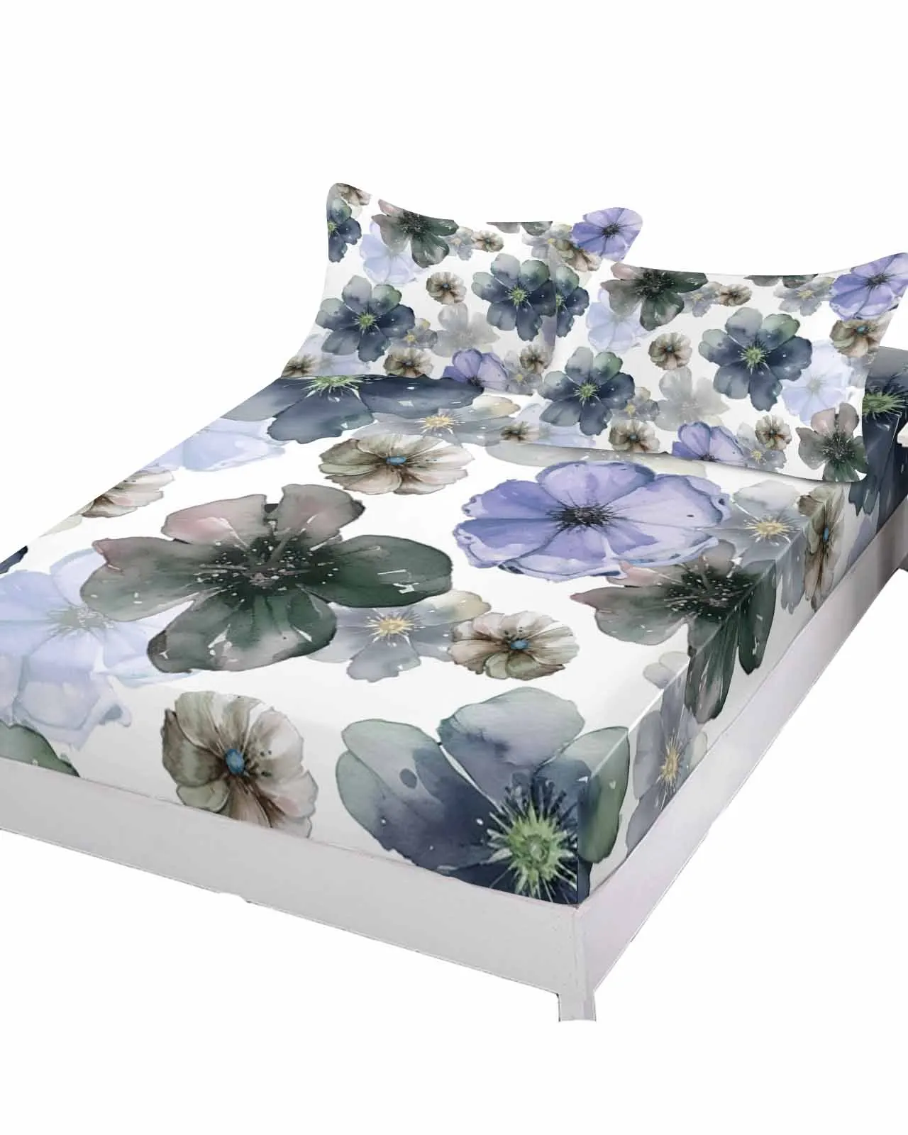 Violet Flowers White Background Queen Size Bed Mattress Fitted sheet Elastic Rubber Band Non-slip Bed Sheet Pillowcase Set