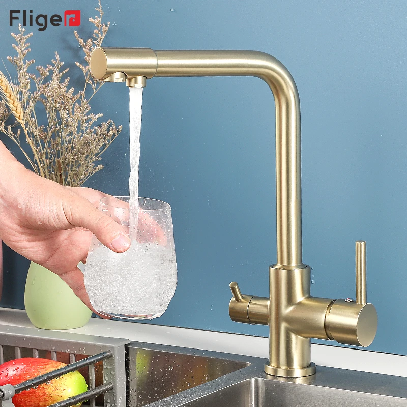 

Fliger Filter Kitchen Faucets Brass Kitchen Sink Faucets Gold Waterfilter Tap Drinking Water Filter Kitchen Faucet Torneira