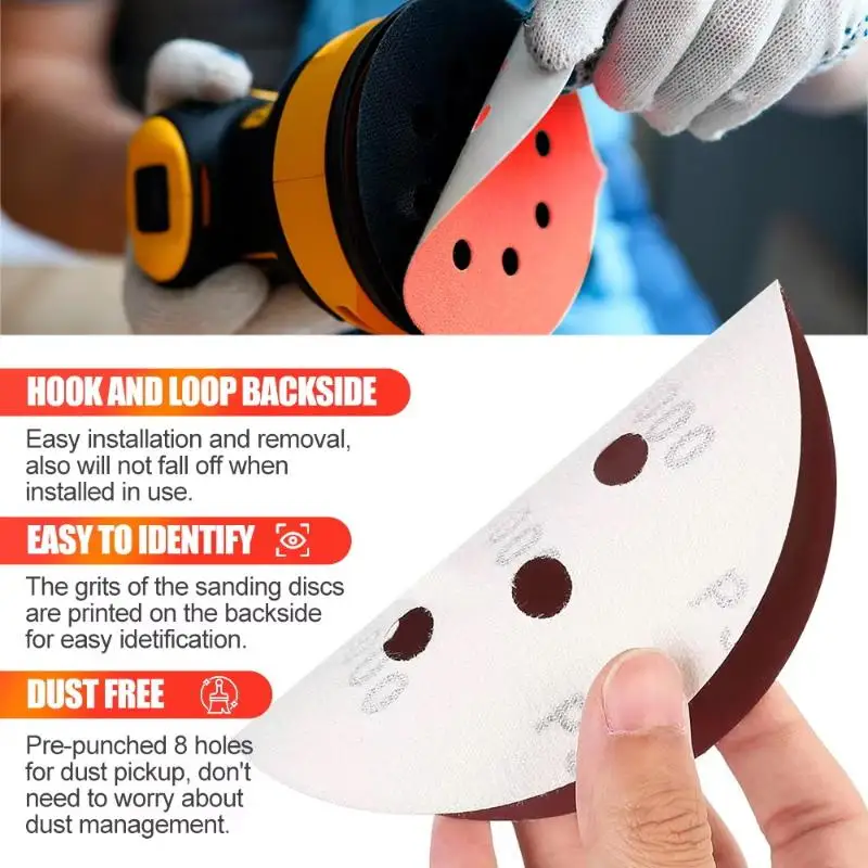 【CCA】100PCS Sanding Discs 8 Hole Hook And Loop Adhesive Sandpaper Grits For Random Orbital Sander Abrasive Sheets Tools view 5
