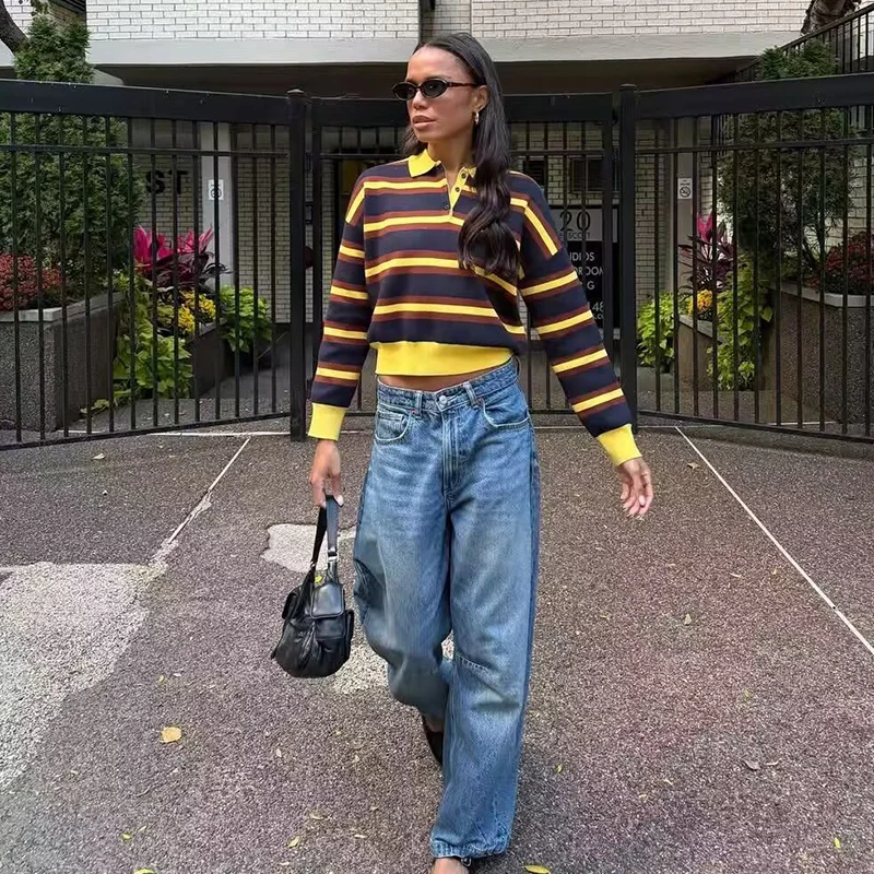 2025 nuevas camisetas de punto con cuello tipo Polo, suéter de otoño para mujer, Jersey de punto a rayas a la moda, Tops elegantes para vacaciones para mujer