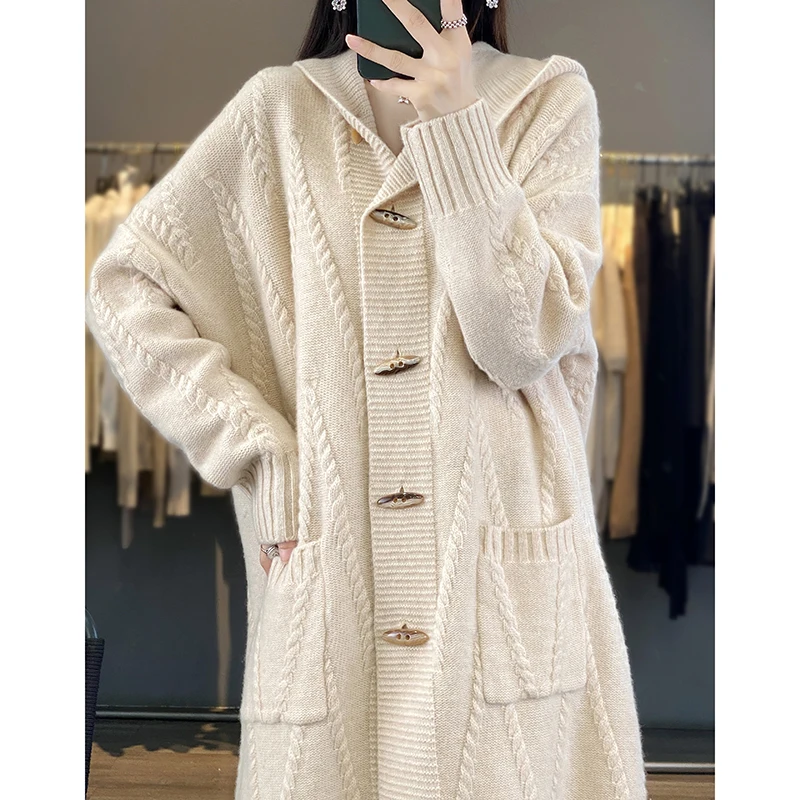 Autumn And Winter New Cashmere Cardigan Women\'s 100% Pure Wool Coat Loose Hooded Long Horn Button Knitted Sweater