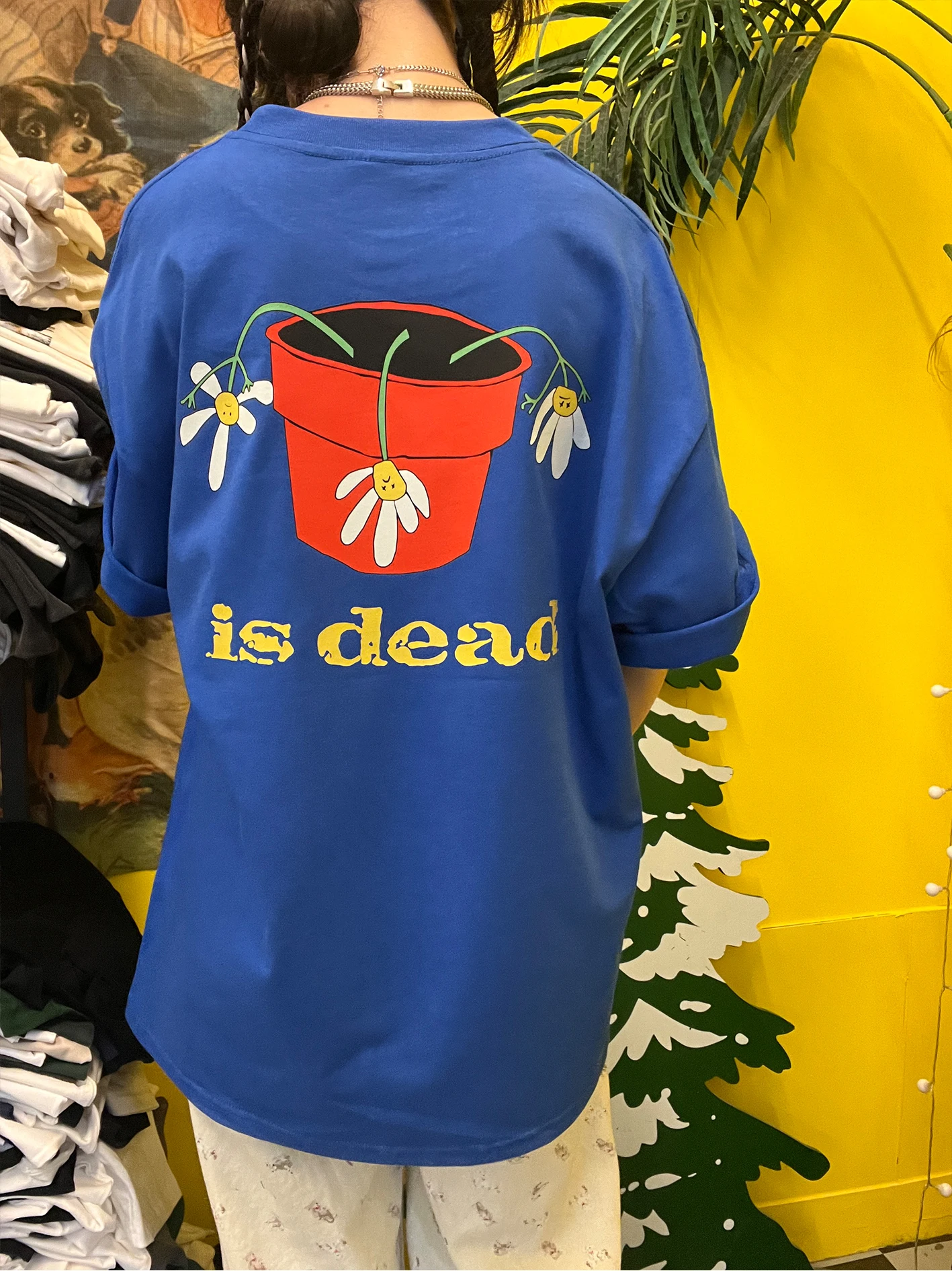 Heavyweight 260G Cartoon Graffiti Short Sleeve T-Shirt Loose Fit Royal Blue Student Casual Cotton Polyester round Neck Top
