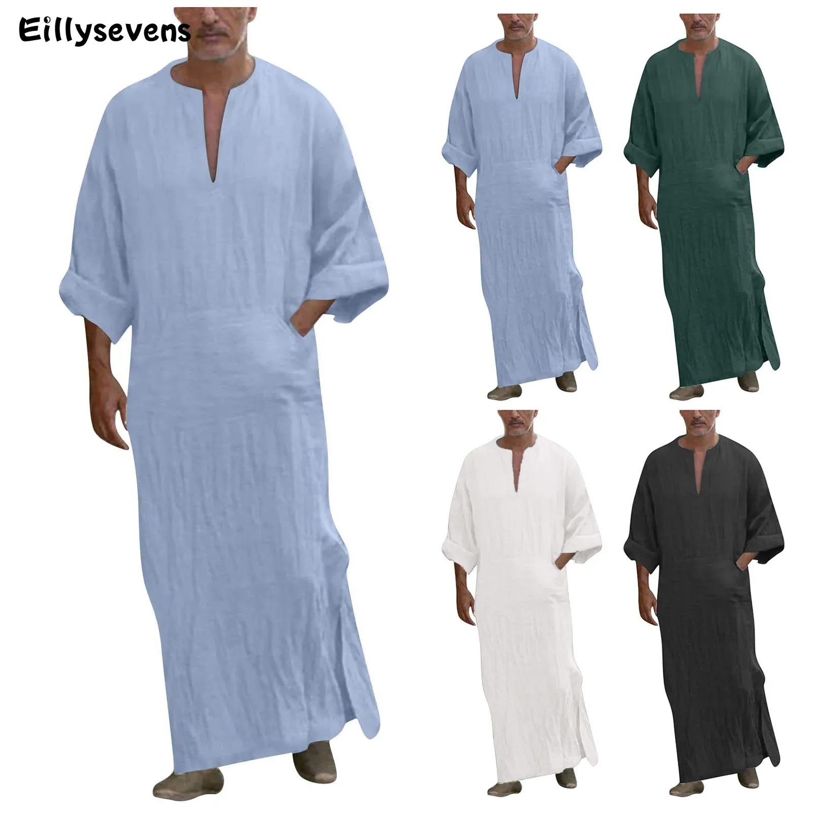 Baju pantai leher V pria, jubah Linen lengan pendek Kaftan kasual untuk musim panas berongga Kaftan Lebaran jubah panjang