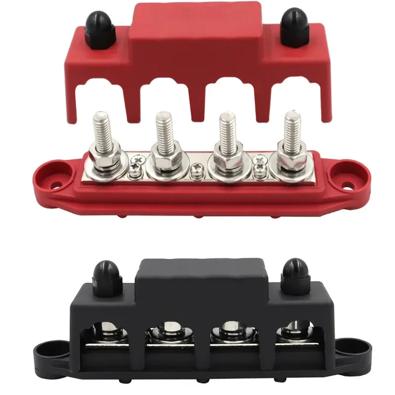 Red Black 2 Pieces Car 250A 4-Way Bus Ground Distribution Panel M8 M10 Terminal Studs Set Car Accessories