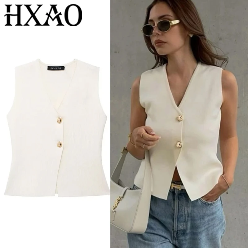 

HXAO Women's Knit Vest 2025 Cropped Sleeveless Vest Woman Outerwears Spring Summer White Black Vest Women Elegant Short Coats