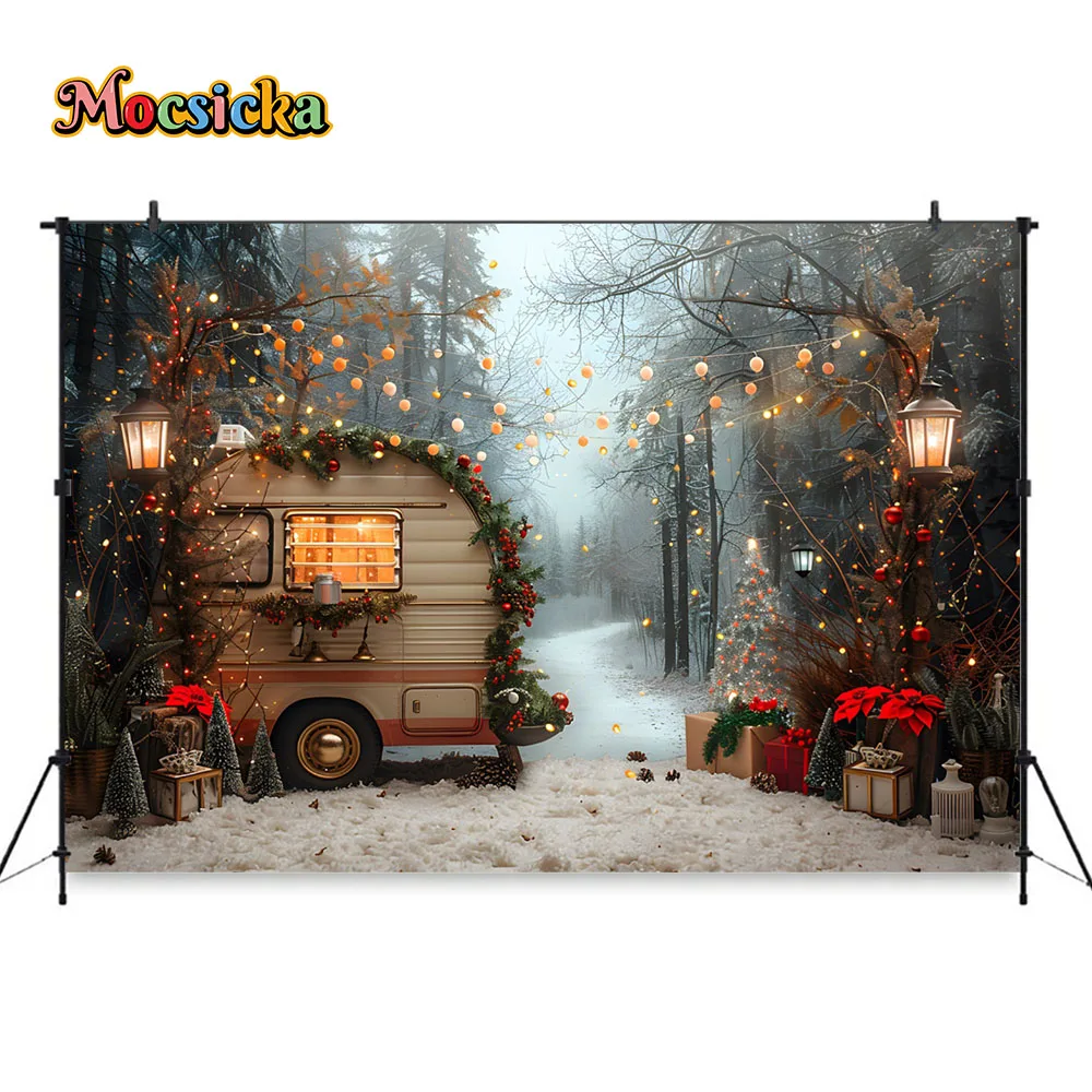 Christmas Photography Background Winter Snowy Camping Bus Xmas Tree Backdrop Decor Kids Family Photo Street Lights Studio Props