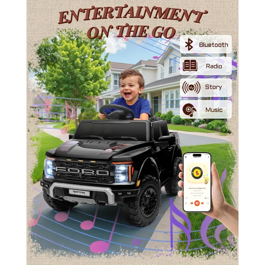 12V 公認ラプター子供用乗用玩具、親用リモコン付き乗用トラック、トラック荷台収納付き子供用電動車、3