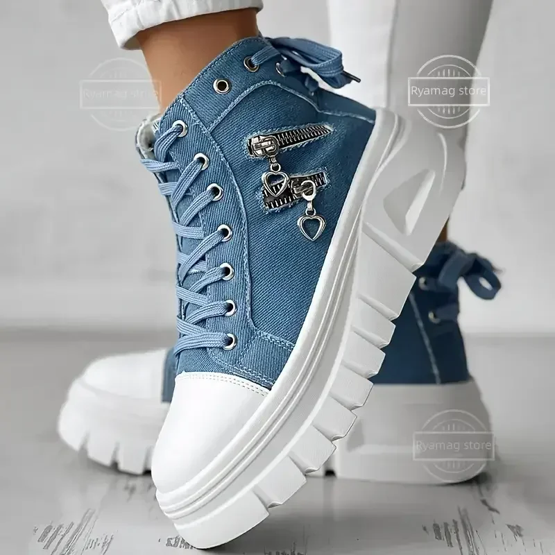 

Sneakers Women's Solid Color Denim Canvas Sneakers Lace Platform Soft Sole Shoes Zip zapatillas de deporte para mujer