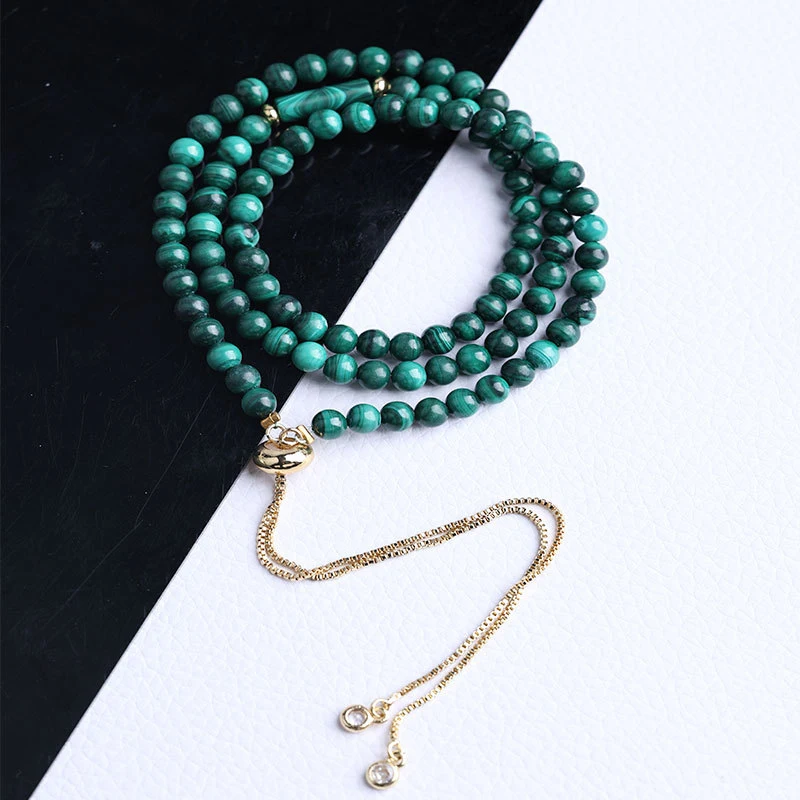 Natural Malachite Multi- Layered Patterns, Three-Loop Bracelet With Jade Green Round Beads
