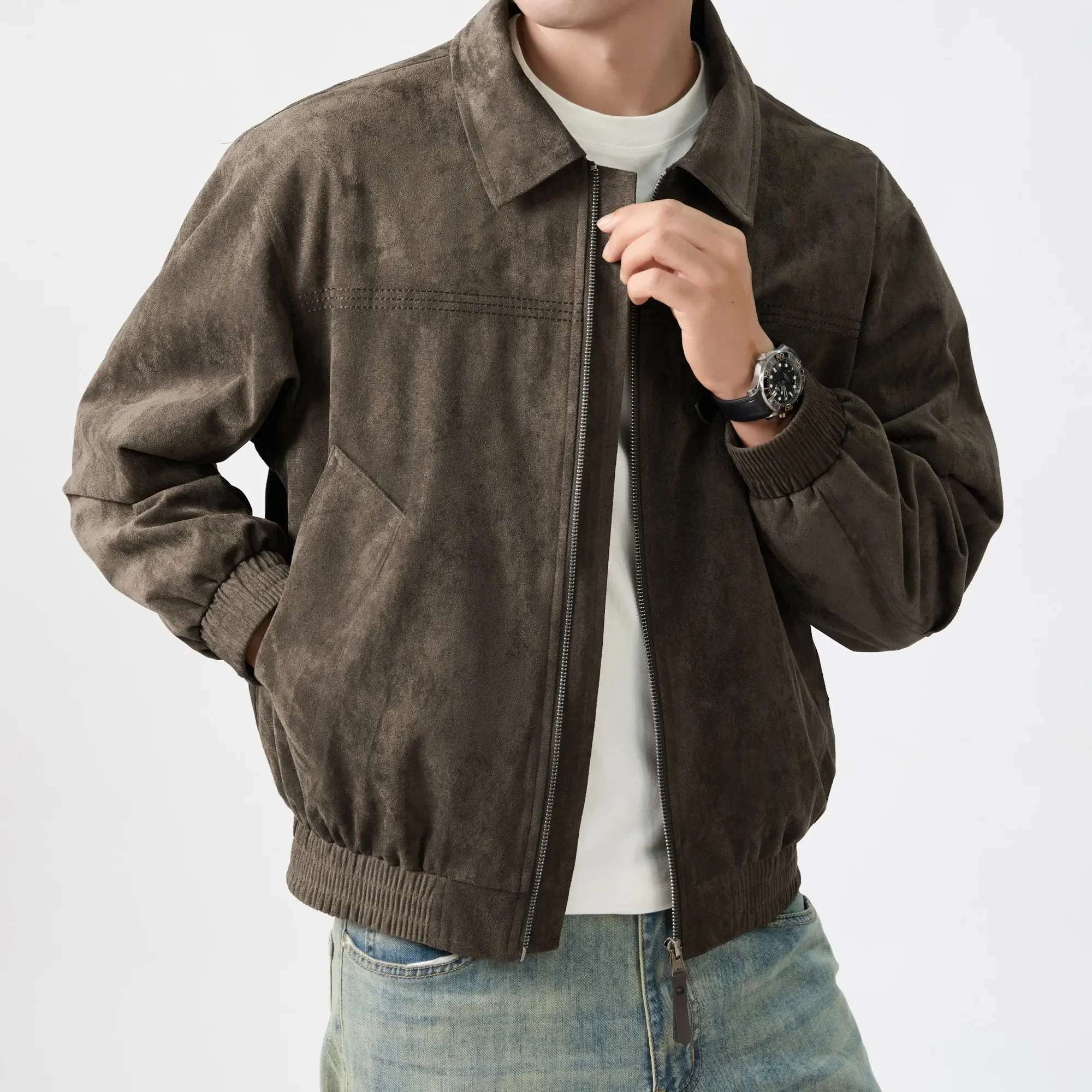 Herren Cropped Boxy Minimalistische Kunstwildleder-Jacke Leichte Weiche Textur Coach-Jacke Vintage Harajuku Streetwear Bomber-Oberbekleidung – Detail 7