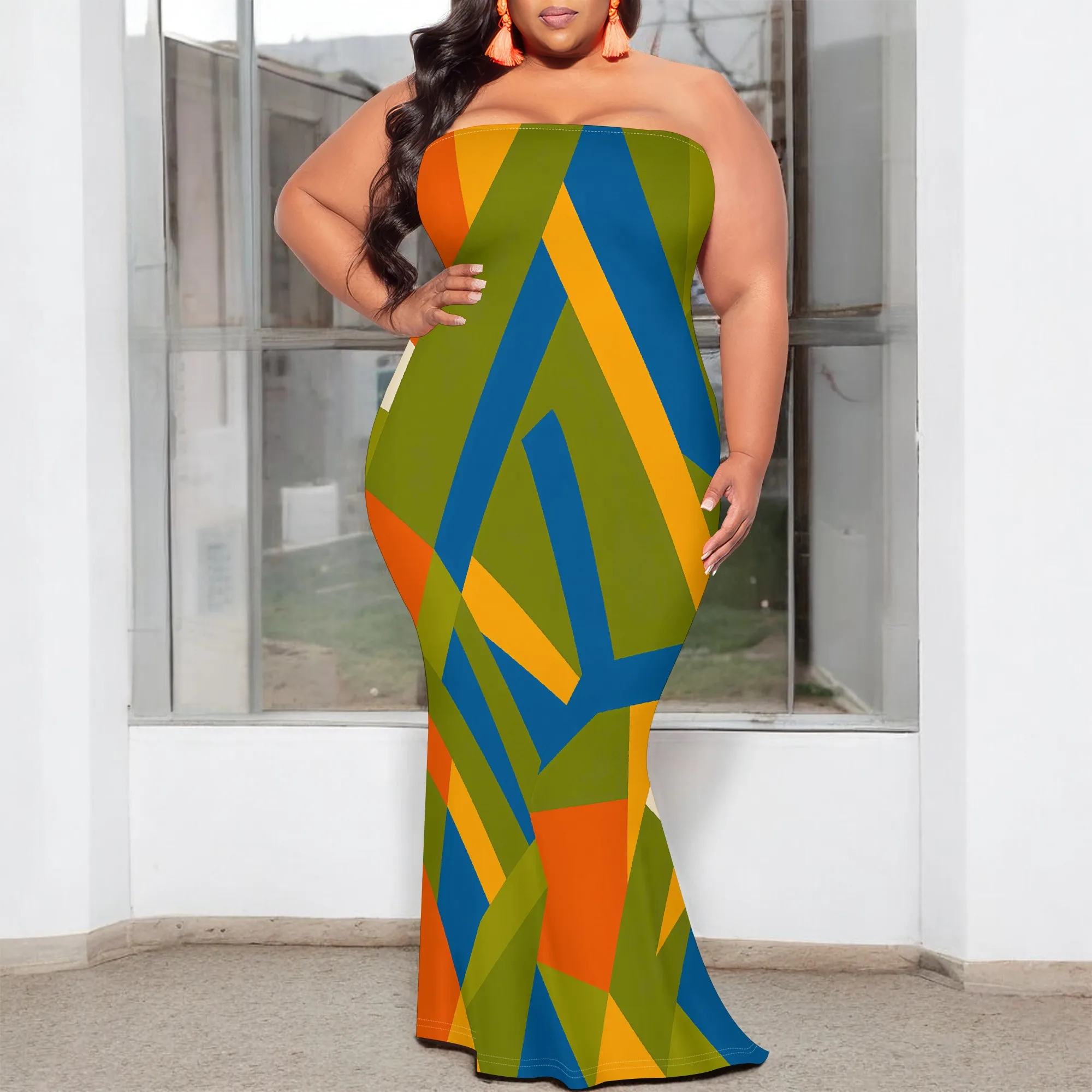 

Geometric Print Strapless Maxi Dress Women's 2025 New Arrival XL-6XL Casual Summer Dress