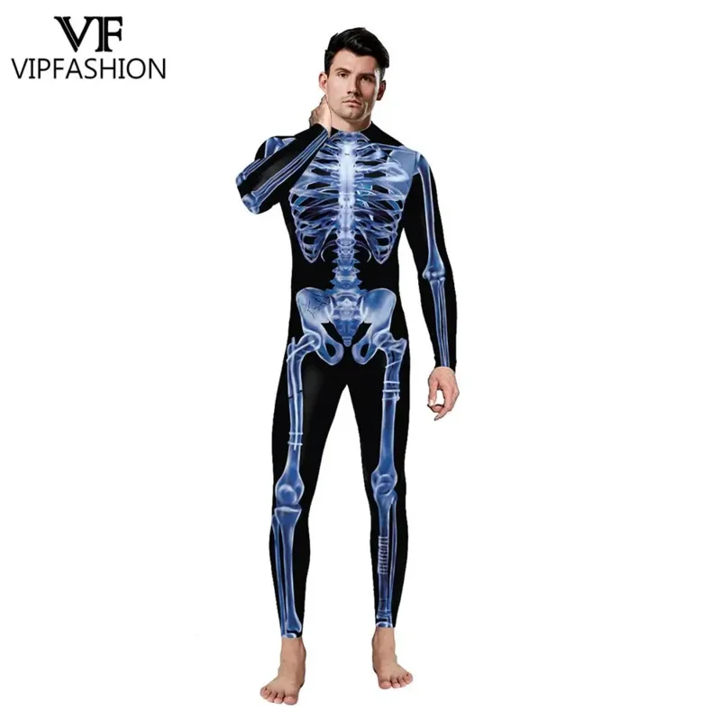 VIP FASHION Blue Skeleton Catsuit Men Women Jumpsuit Halloween Costume Carnival Zentai Bodysuit Scary Party Outfit Purim Clothes