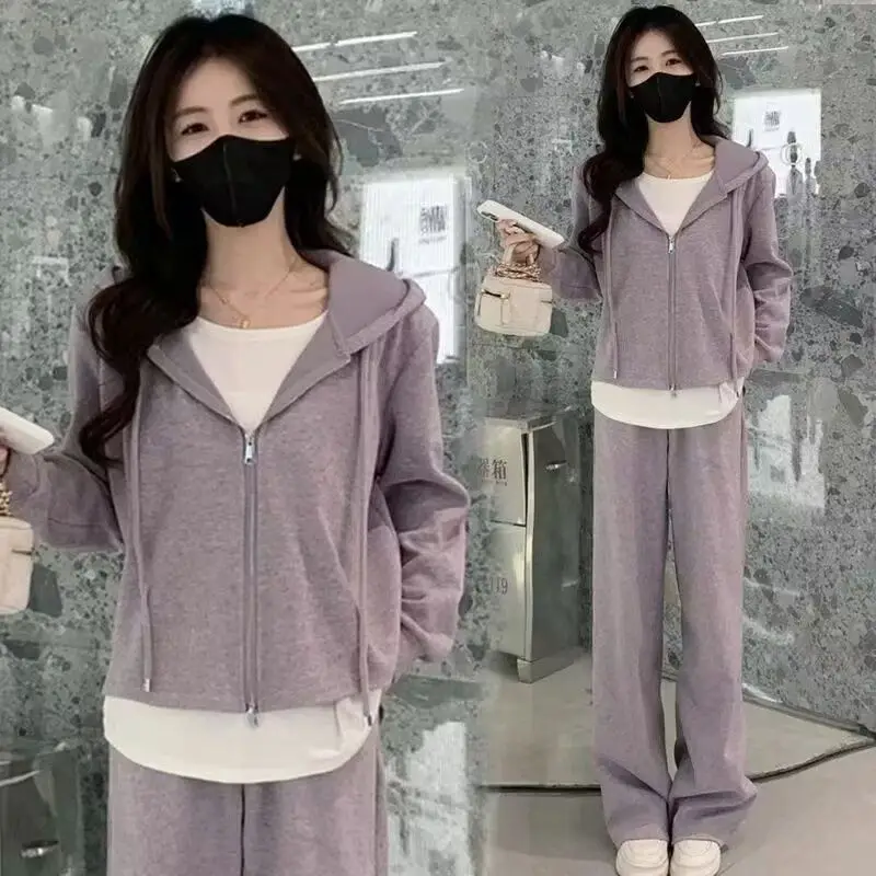 

Casual Sporty Women's Wide Leg Pants Set Hoodie Two Piece Suite Fashionable Lazy Style Spring Autumn New Arrival High Waist