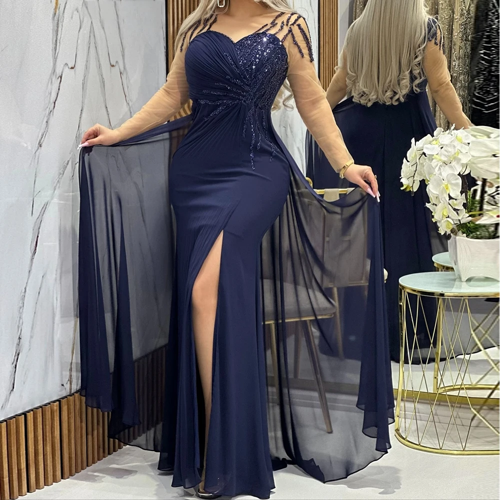 

Вечерние платья трапециевидной формы по индивидуальному заказу, длиной до пола, с v-образным вырезом и длинными рукавами, платье для выпускного вечера, модное плиссированное платье с блестками, простое драпированное вечернее платье