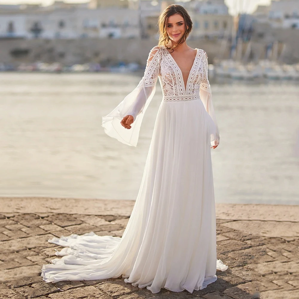 Customized Bohemian Chiffon Beach Wedding Dresses Deep V-neck Lace Elegant Court Train Open Back Bridal Gowns Long Sleeves 2025