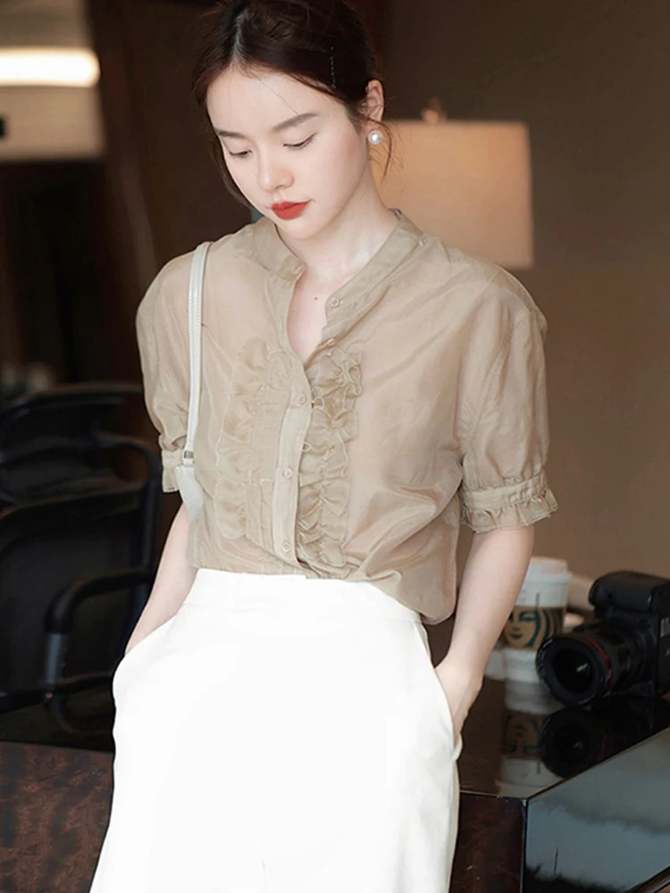 

Faionable Patchwork ort Sve round Ne Casual Chiffon irt Korean Sle Commute Wind Loose Fit Single Button Top