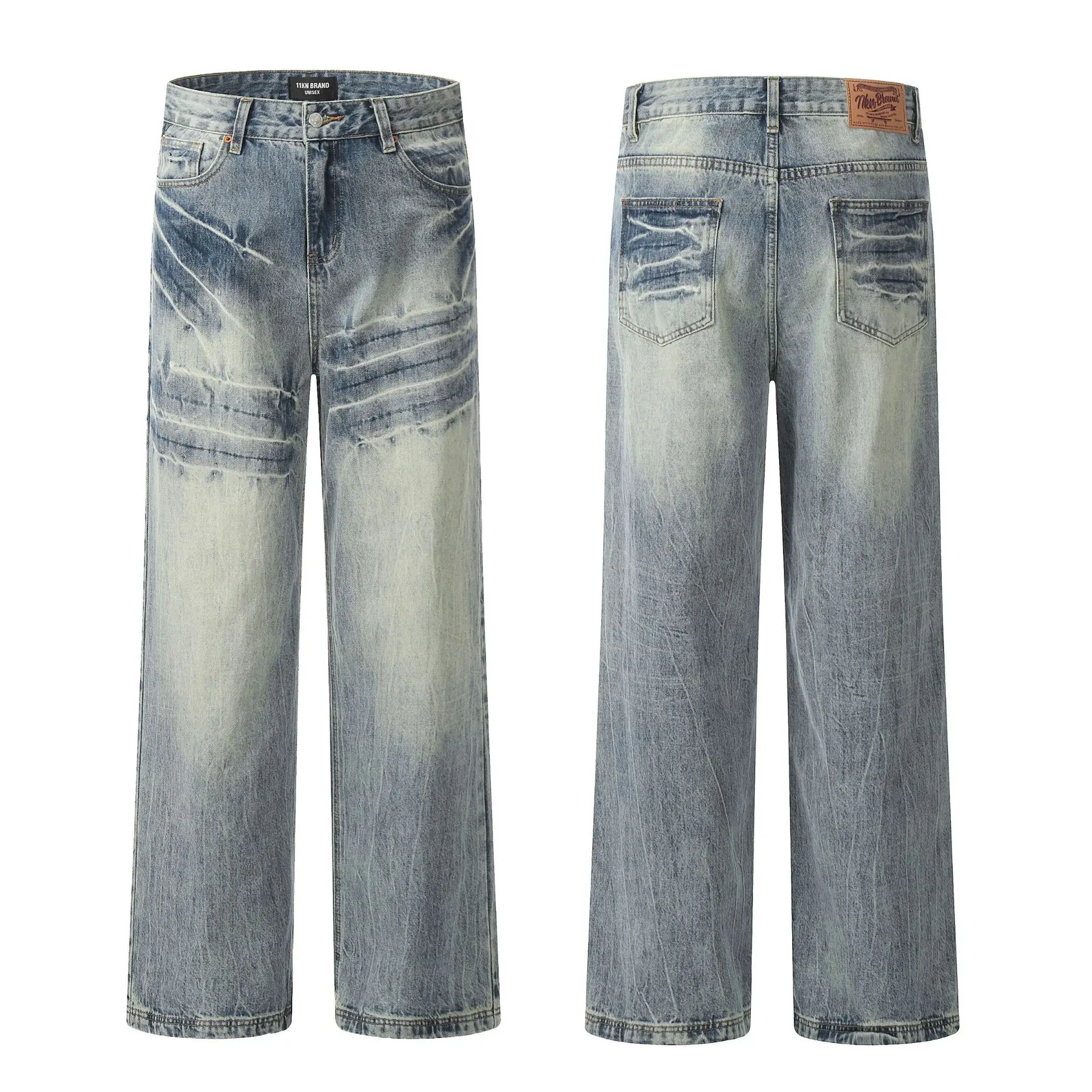 

Retro Waed American Sle Denim Jeans Loose Straight Leg Casual Long Trousers Blue for Men And Women Vintage Wide Leg