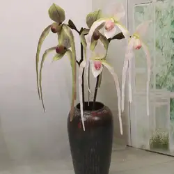 3Pcs Hand Feel Flock Paphiopedilum Orchid Artificial Silk Flowers Luxury Home Decoration Wedding Party Table Flower Arrangement