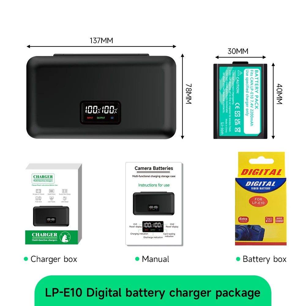 CITYORK LPE10 LP-E10 LP E10 Battery+Storage Box LCD Dual Charger for Canon EOS 1100D 1500D 4000D Kiss X50/80/90 Rebel T3T6 T7