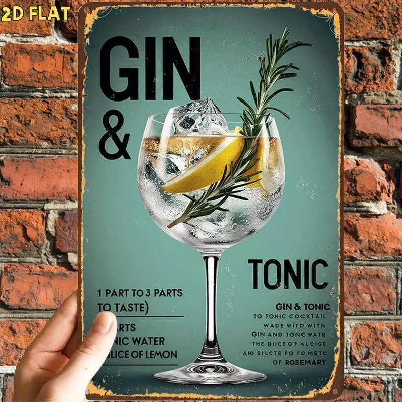 2D Flat, 1pc, Funny Retro Gin Tonic Cocktail Metal Iron Sign, Pre-Drilled Holes, Suitable for Indoor, Garden,Toilet Decoration