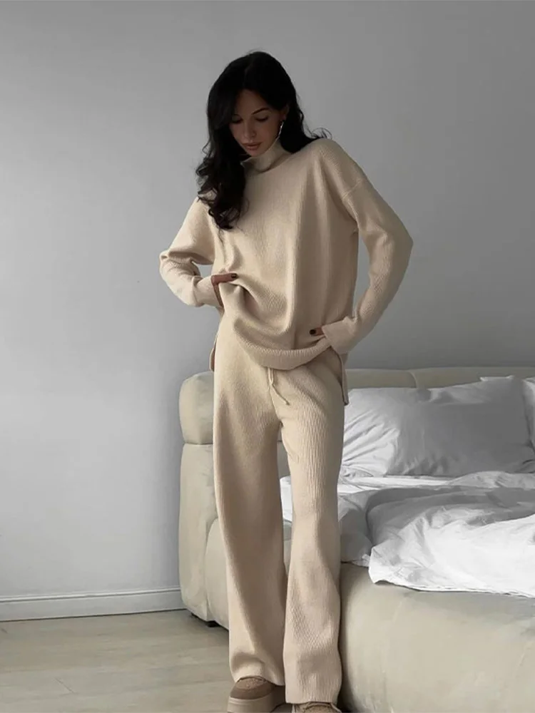 

Solid Turtleneck Long Sleeves Knitted Top Suit Chic Lace Up High Waist Pants Suits Autumn Winter Women Wram Casual Loose Outfits