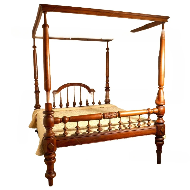

French retro solid wood carving flower four-poster bed American retro Roman column double home master bed