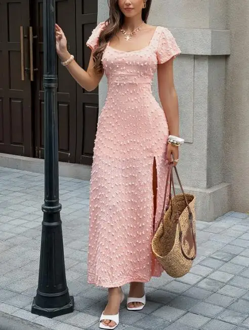 

2026 Spring/summer Women's Casual Vacation Style Short Sleeve Solid Color Jacquard Dress