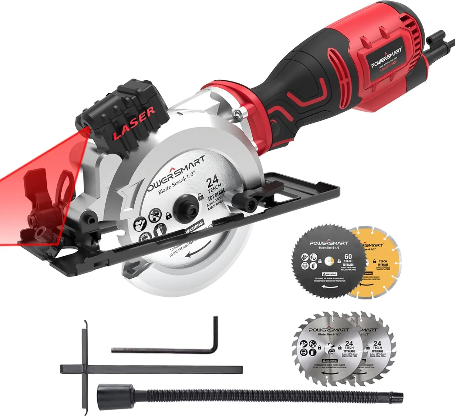 PowerSmart 5.8 Amp 4-1/2 Inch Mini Circular Saw with 4 Blades for Woods, Tile, Soft Metal and Plastic