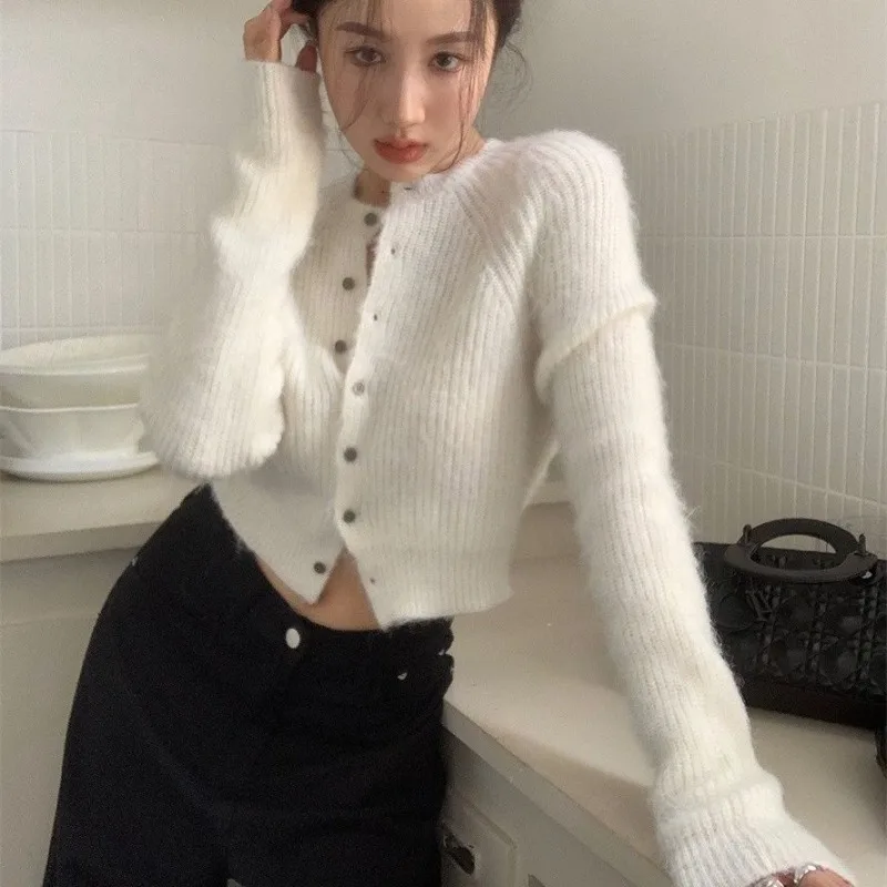 Deeptown White Cropped Women Short Sweaters Harajuku Basic Long Sleeve Slim Cardigan Warm Autumn Korean Fashion Office Lady