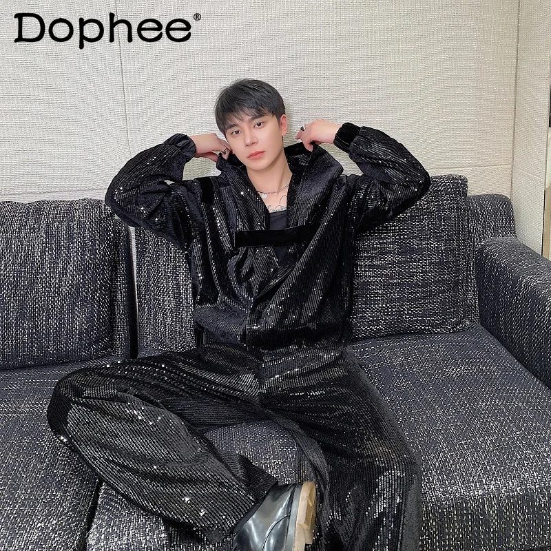 

Мужские модные комплекты, джентльменские куртки с капюшоном и вышивкой блестками, широкие прямые брюки, комплекты из двух предметов, красивые блестящие 2 шт.