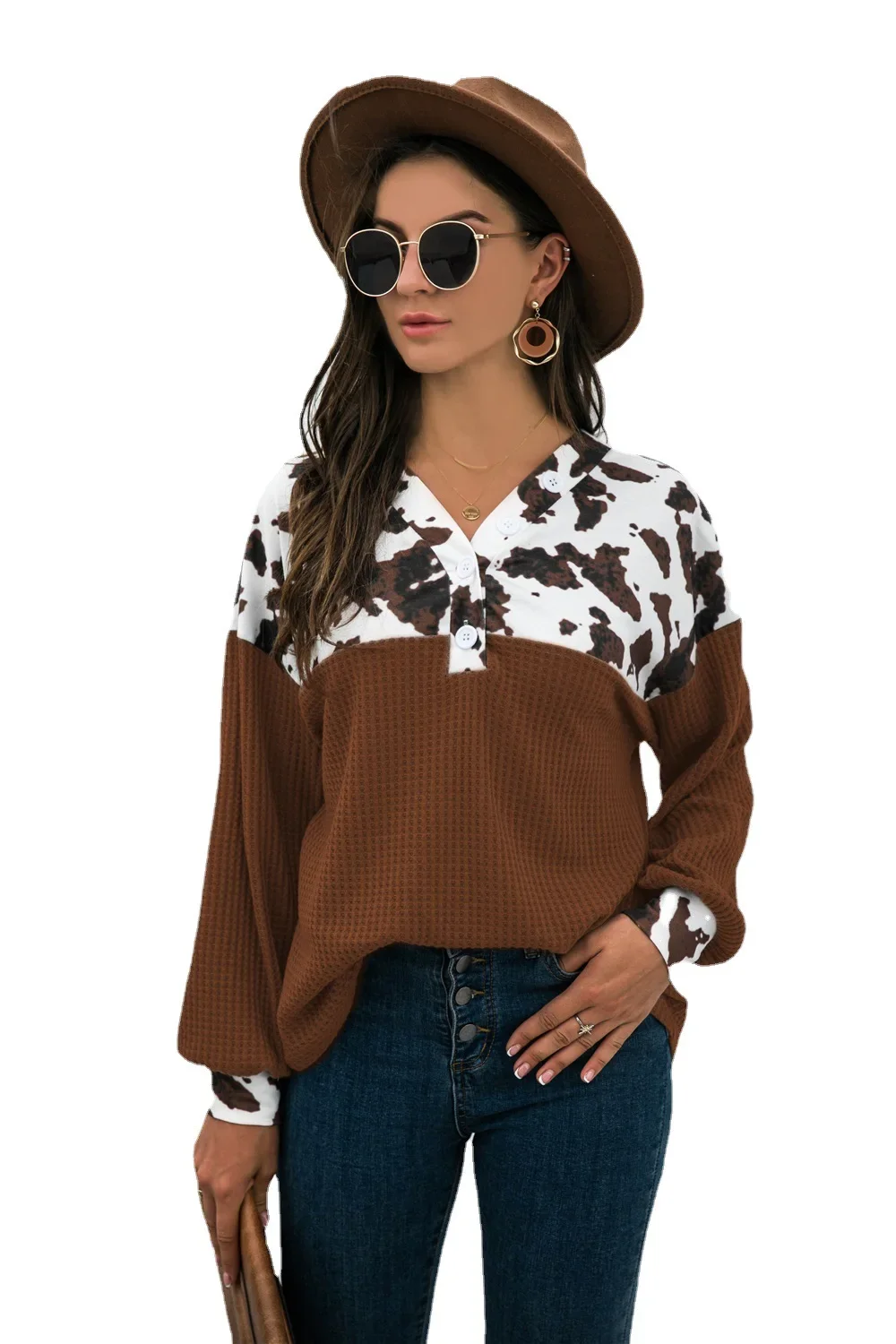 Autumn Winter Women New Top Printing Stitching Loose Girls Casual Leopard Print Button Up Long Sleeve V-neck Coffee Blouses