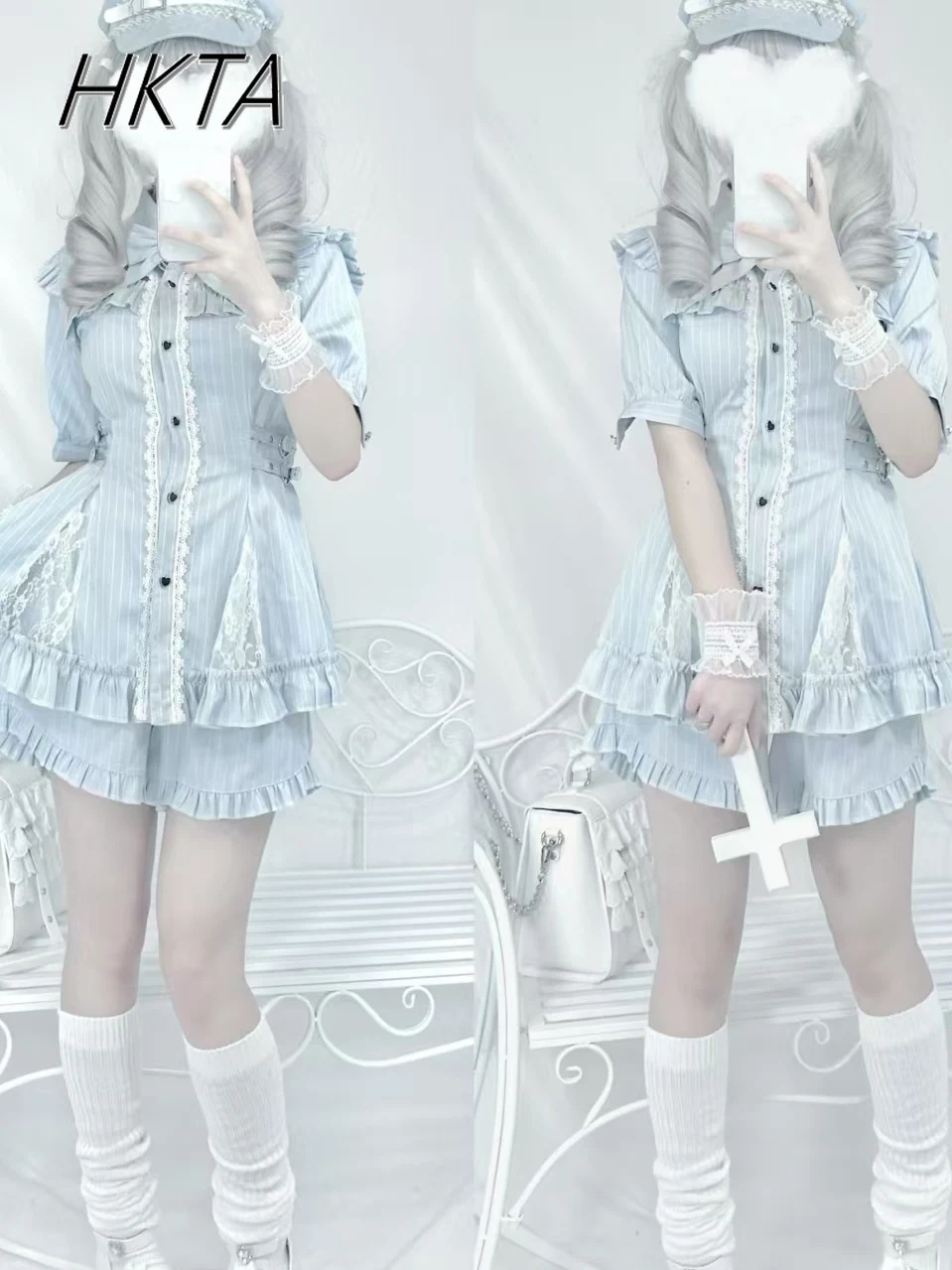 

Japanese Lace Splicing Short Sleeve Saliva Towel Waist Dress Sets Women Striped Fungus Edge Lolita Black Short Dresses Outfit