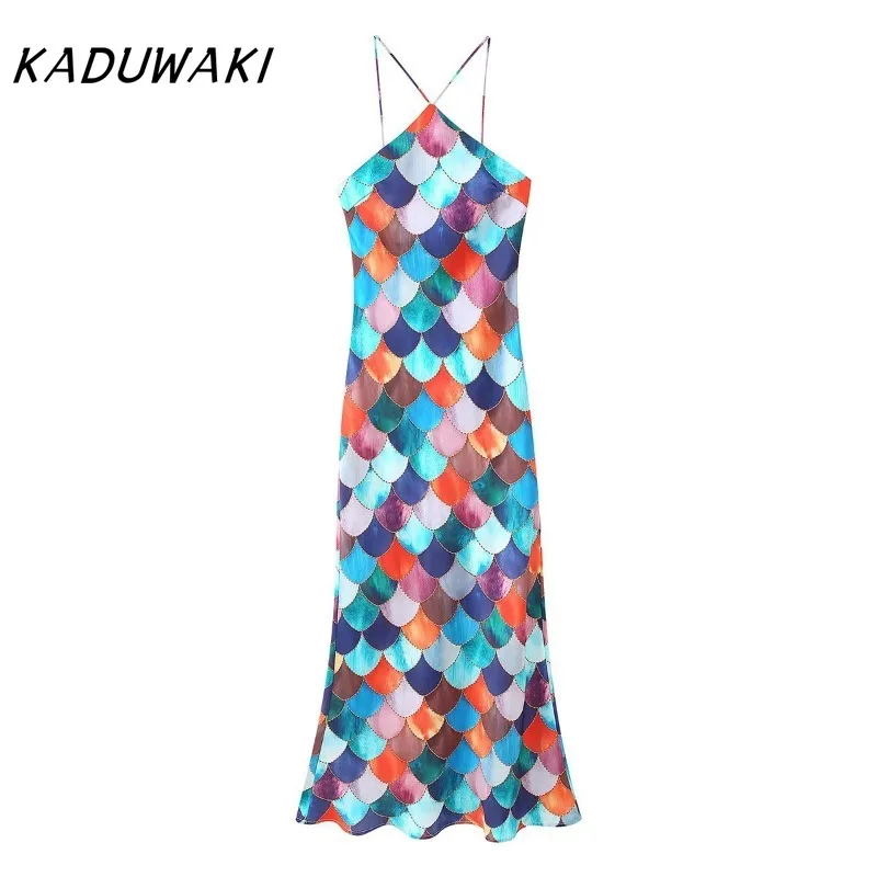 KADUWAKI élégant imprimé fleuri femmes Robe été Satin couleur bloquée imprimé croix suspendus cou Robe hanche étreinte longue Robe