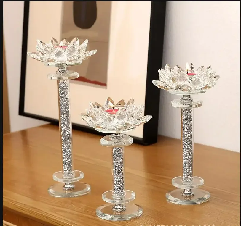 

3pcs Lotus Crystal Candlestick Silver Glass Candle Holders Decorative Candles Stand Centerpiece for Table Wedding Dinning Party