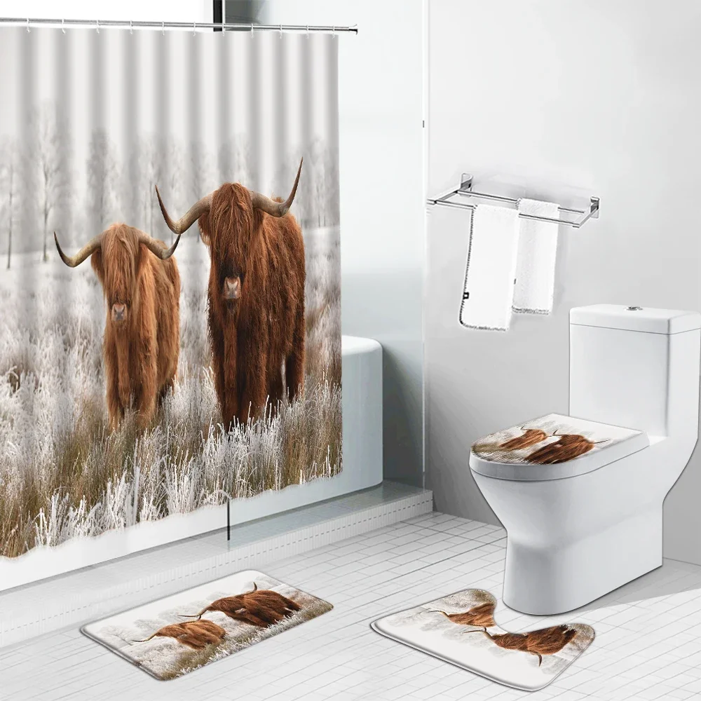 Highland Cows Shower Curtain Set Africa Animal Elephant Lion Tiger Giraffe Leopard Zebra Wolf Bathroom Bath Mat Toilet Cover Rug