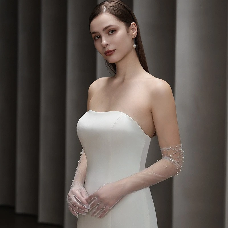 

Pearl Long Bridal Gloves Photo Princess High Sense Cos White Mesh Thin Transparent Wedding Performance Accessories