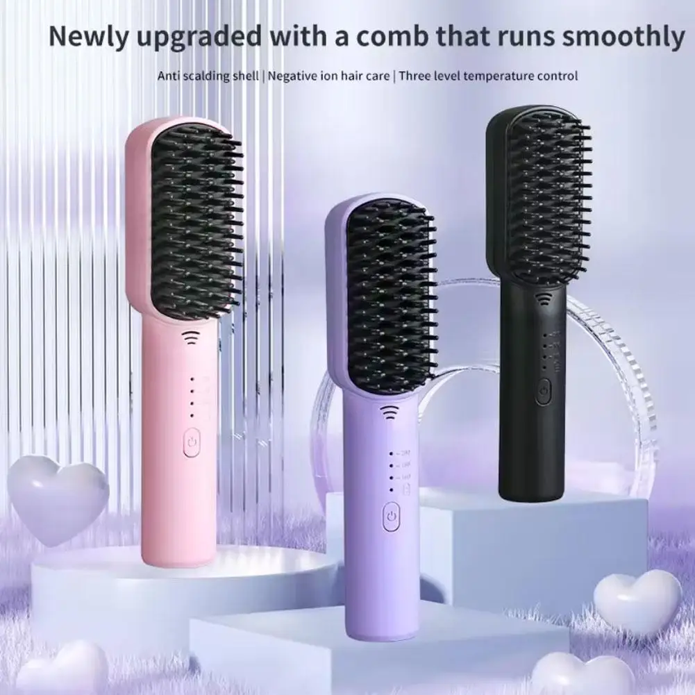 Wireless Hair Straightener Brush Hot Comb Iron USB Rechargeable Fast Heating Electric Hair Brushes For Travel Q5R3