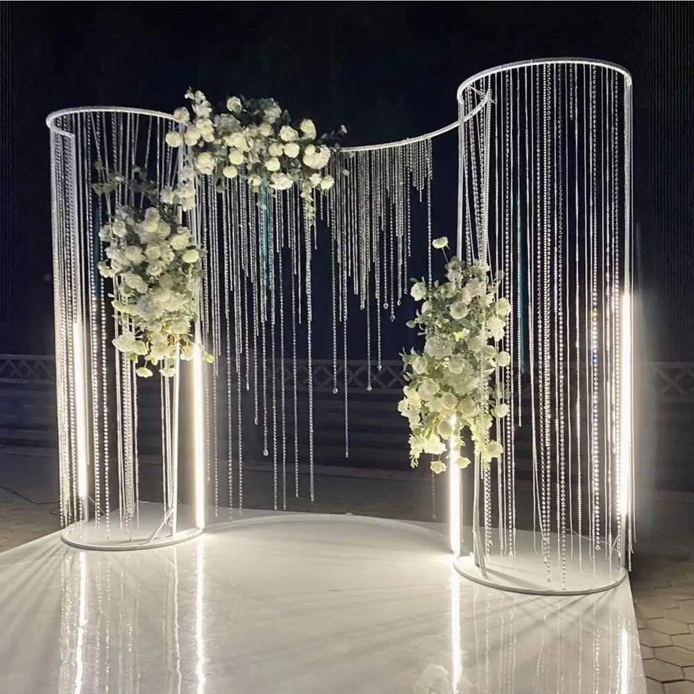 

No light)curve shape metal acrylic bead backdrop Hollow Out White Golden Metal Gate Door Stand Backdrop Wedding