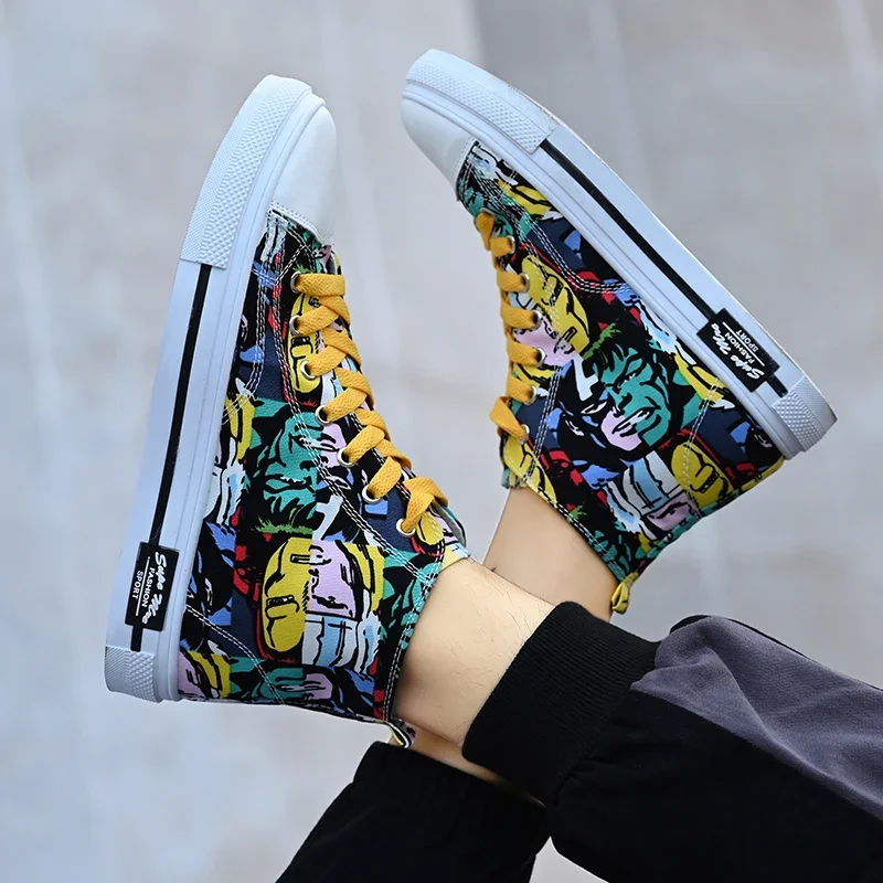 Cool Discount Low Price Shoes Graffiti Canvas Shoes Men\'s Sneakers High Top Couple Style Board Casual Mens Tennis Men\'s Shoes