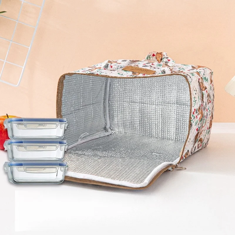 BYMONDY Square Large Cooler Bag for Women Floral Lunch Bags Picnic Food Meal Storage Container Family Party Lunch Box Portable