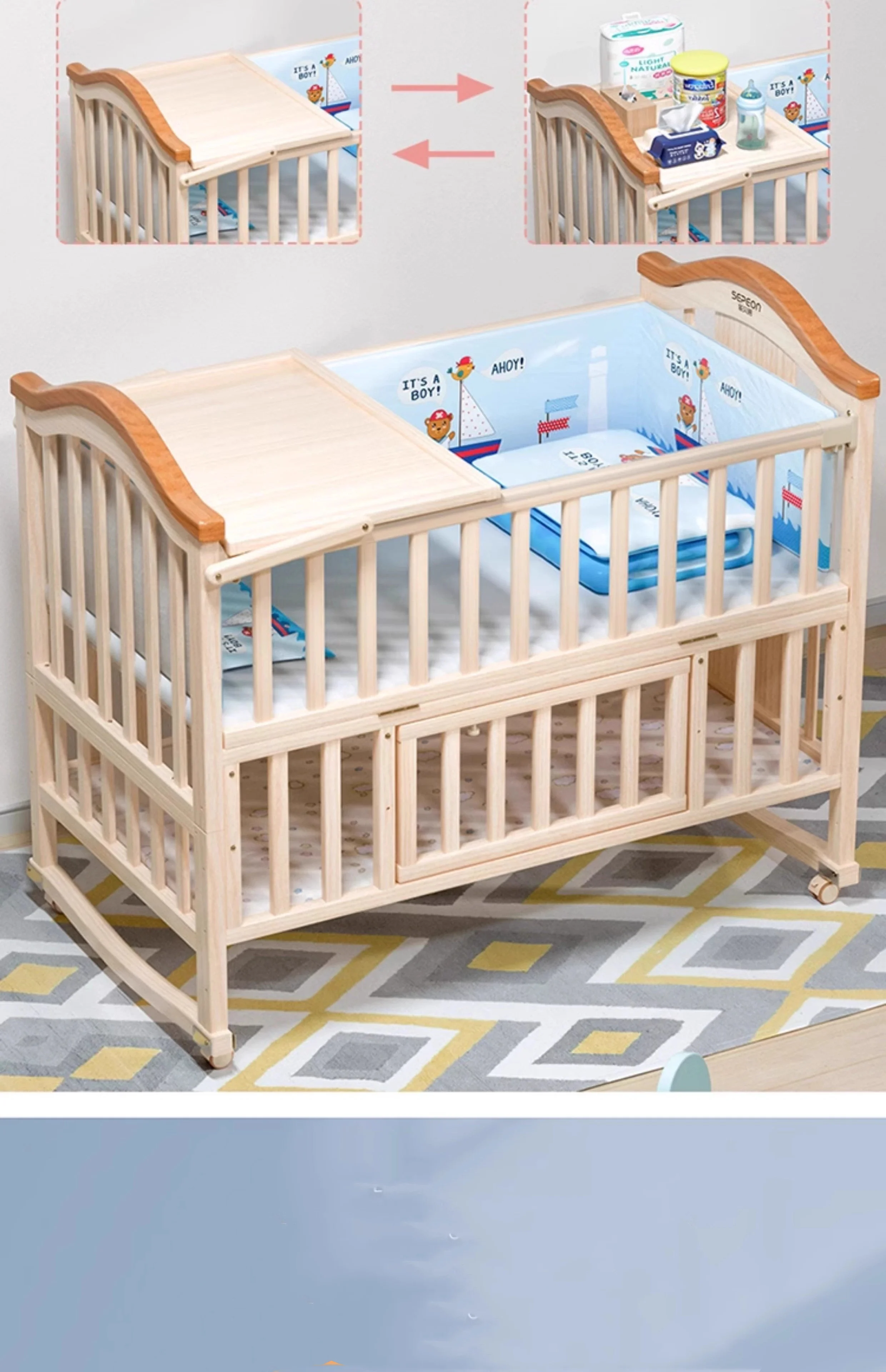 Natural Pine Wood Rocking Cradle Have Mosquito Net, Multifunctional Baby Crib, 104*60*95cm, Can Joint Adult Bed