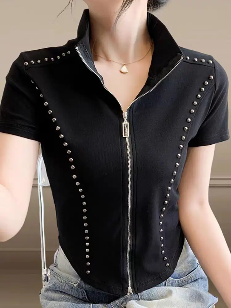 2025 Summer Cotton T-Shirts Women's Fashion Double Zipper Short Sleeve Studded Crop Top Heavy Duty Open Front Shirt