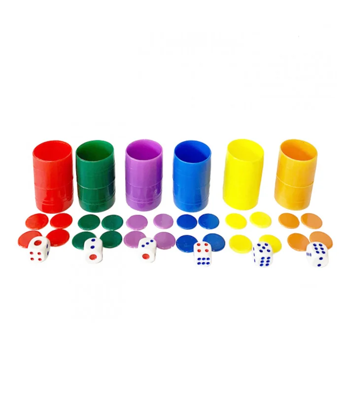 Full Set of 6 plastic goblets, parchis, board game, multicolor, chips, dice, goblets dimensions 4.5x2.5 cm.