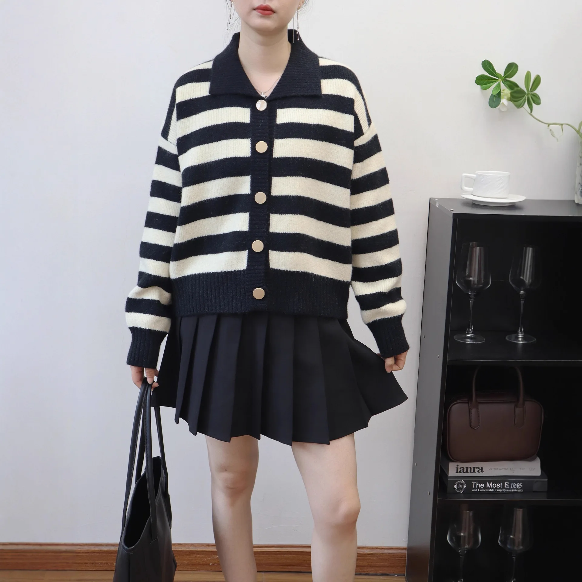 

Корейский стиль, модный женский контрастный цвет, повседневный модный свободный полосатый вязаный свитер с отложным воротником, пальто, женский кардиган