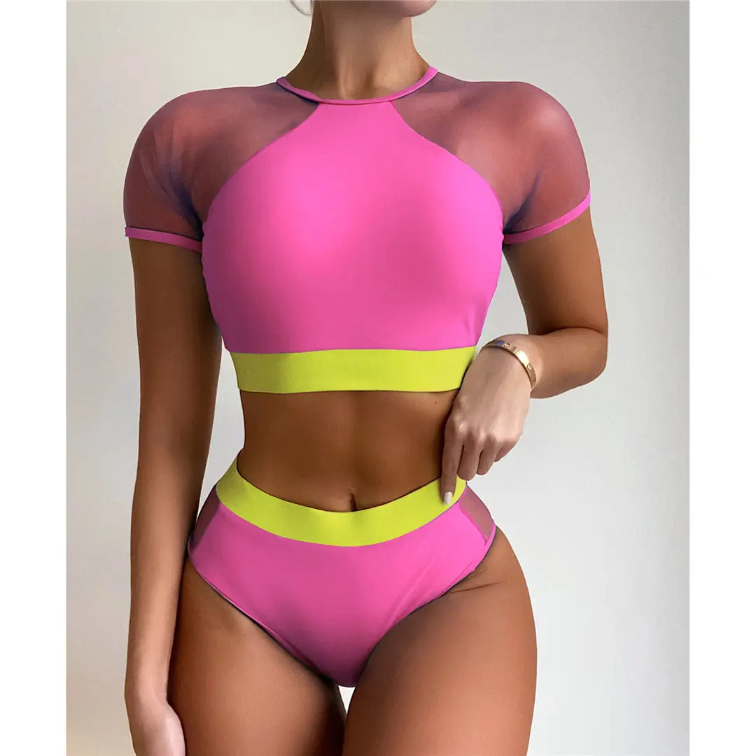 Kurzarm-Badeanzug mit Mesh-Einsätzen, Damen-Bikini mit hoher Taille, zweiteiliger Bikini-Set, Badebekleidung, Badeanzug, Modell V2871. – Detail 21
