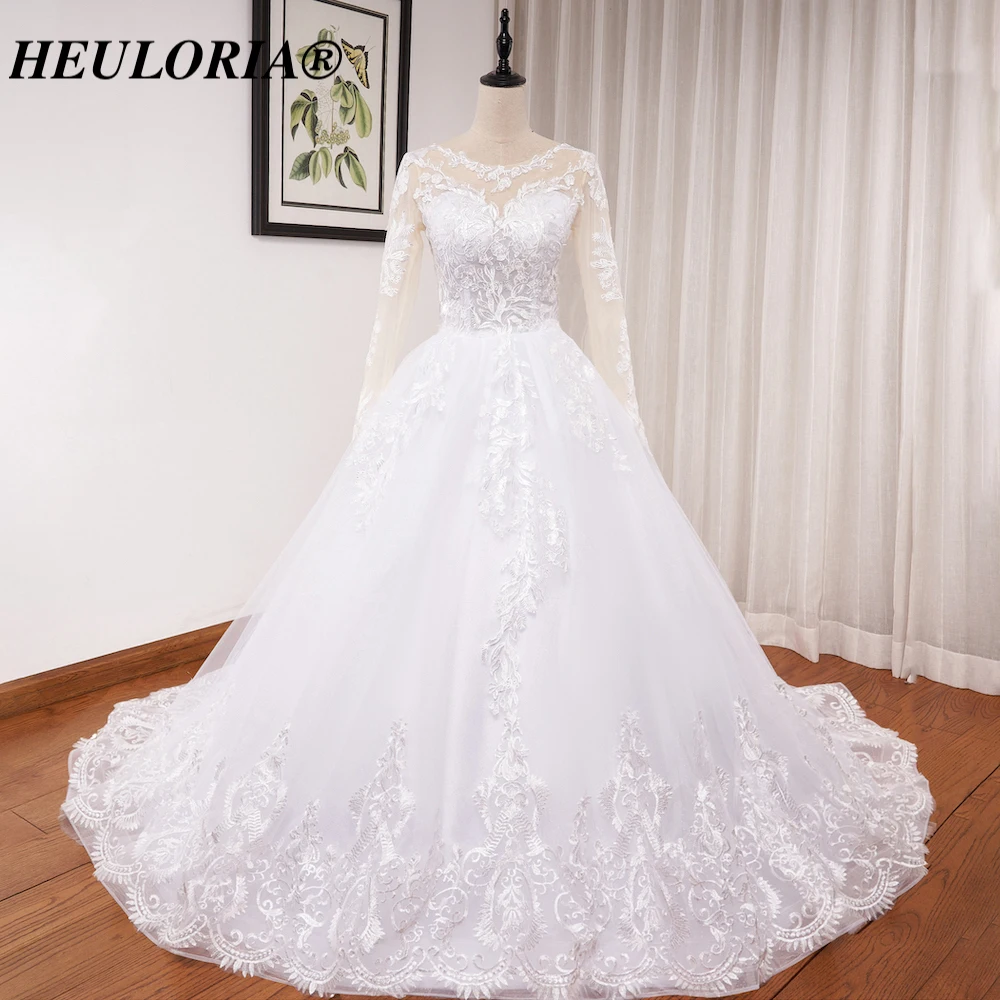 Heiloria-vestido de novia de princesa, prenda de manga larga con cuello redondo, talla grande, con cuentas de encaje