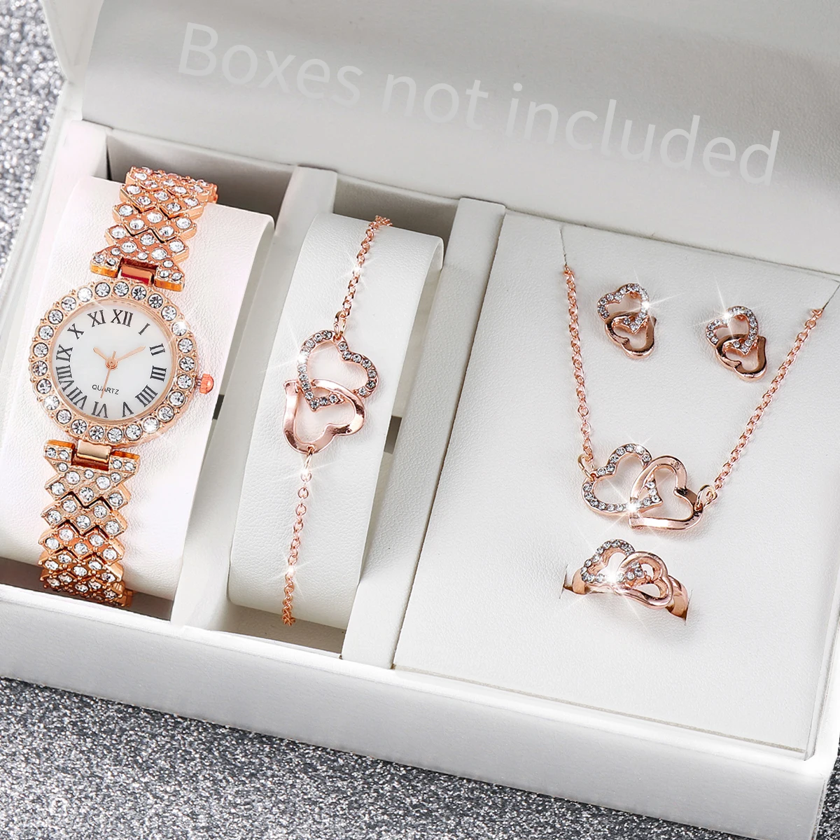 6PCS/Set Fashion Roma Dial Women\'s Watch Full Diamond Steel Band Quartz Watches Rhinestone Heart Jewelry(Without Box)